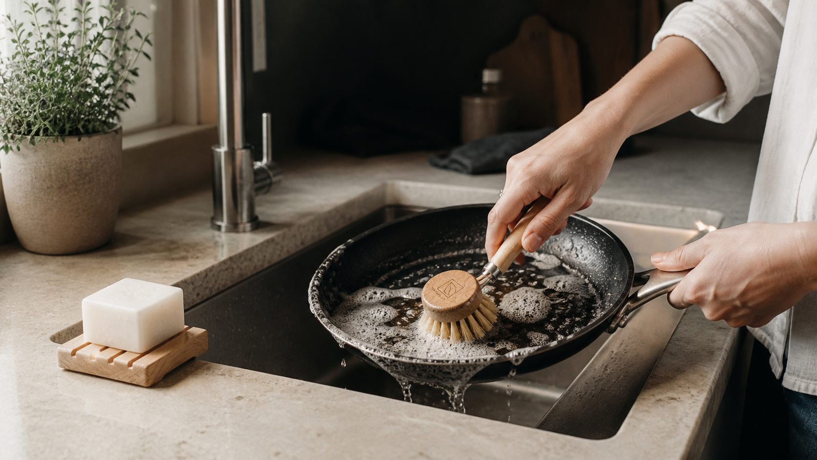 Dish soap bar beside a pan being scrubbed with rich suds