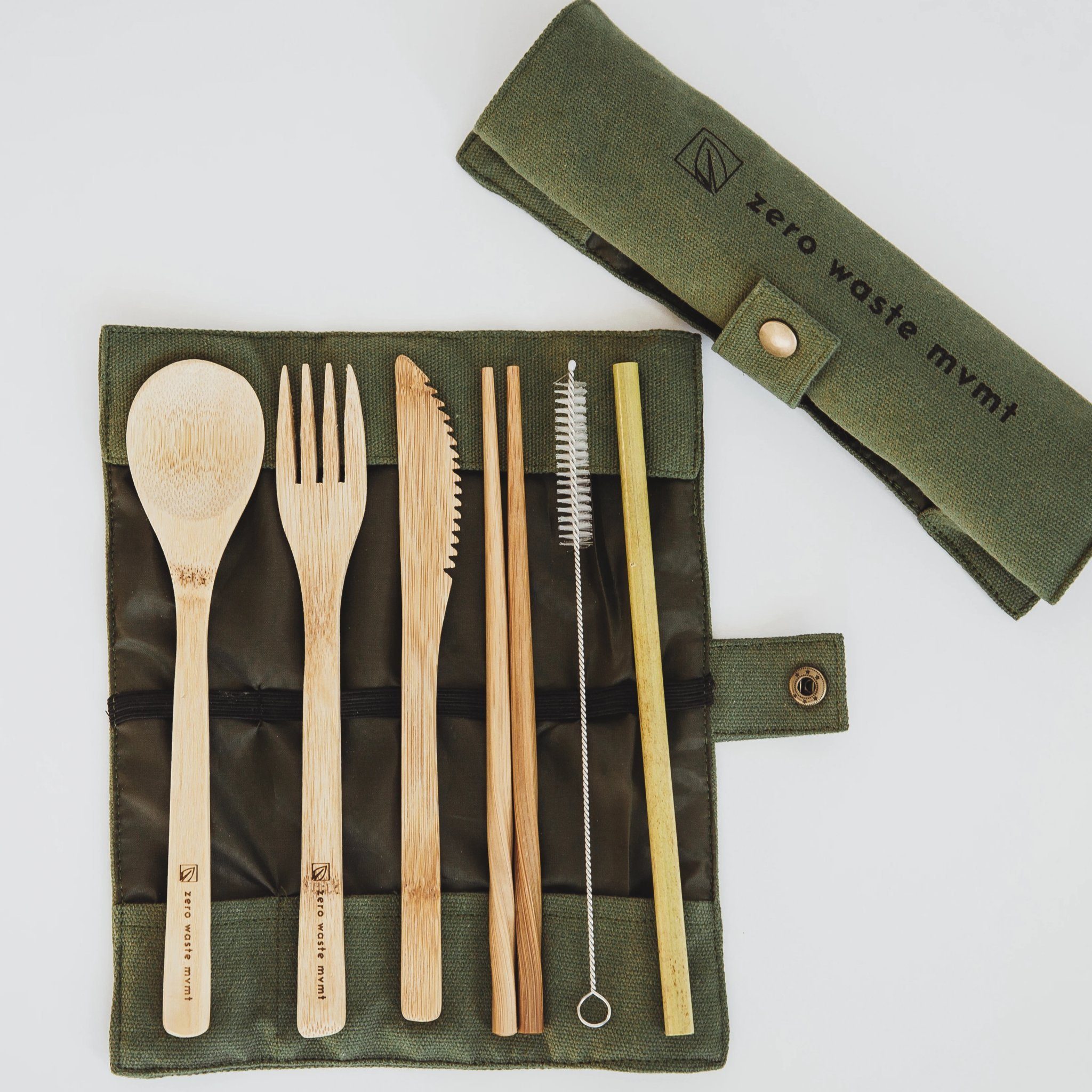 Travel Bamboo Utensil Set With Pouch Zero Waste MVMT Green